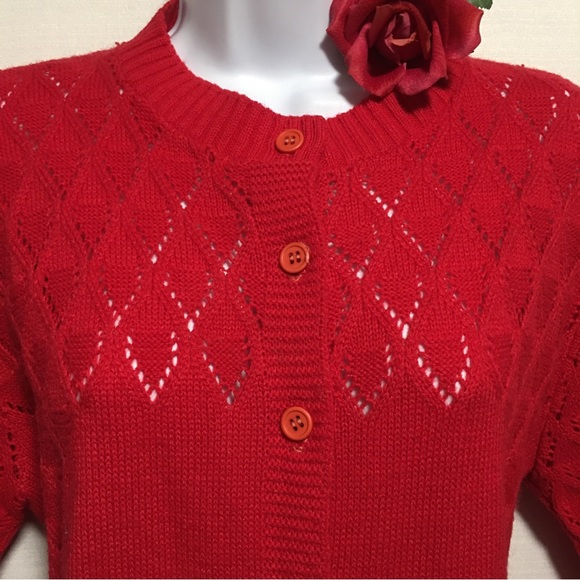Vtg Xmas red sweater cardigan Keneth Too! Made in USA Button front cut out yoke - Picture 2 of 10